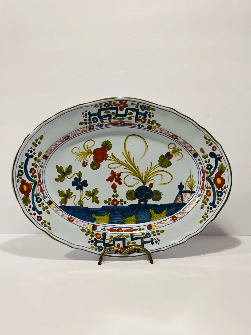 Vintage Faenza Carofano Blue Carnation Large Oval Serving Platter Signed Italy
